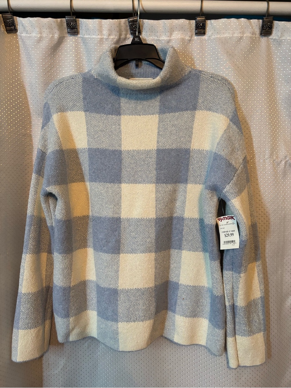 Christian Siriano Blue & Cream Plaid Turtleneck Sweater